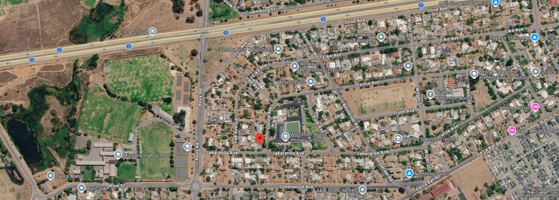 Google Maps satellite location of Sola Enkulu at 1 Denne Ave, Roux Park, Worcester, South Africa.
